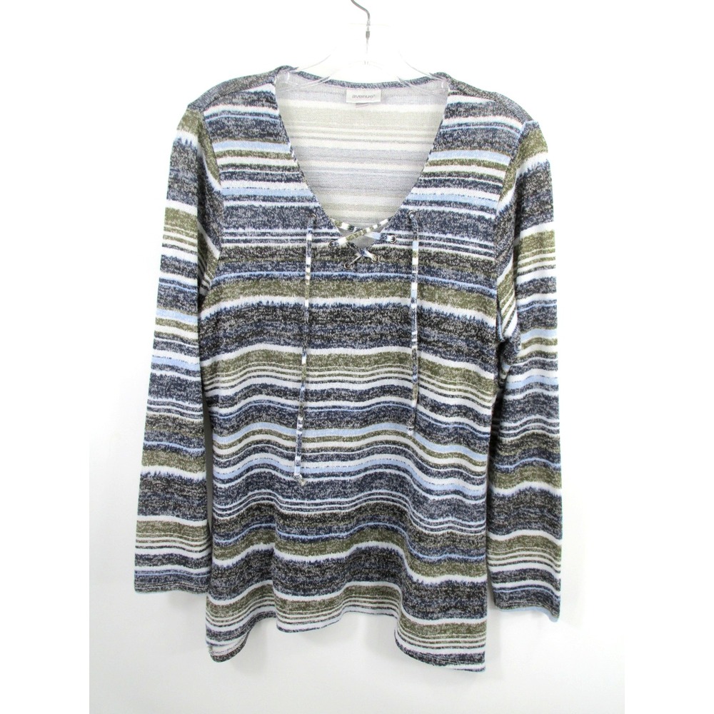 AVENUE Pullover Tunic Knit Top Womens 14/16 Striped V-Neck Front Tie Blouse